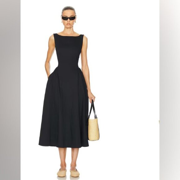 Helsa Stretch Cotton Sateen Midi Dress - True Black Cocktail Party